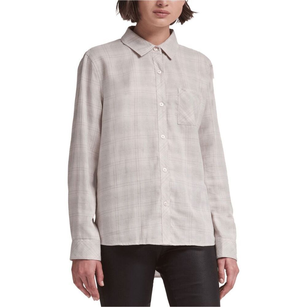DKNY Women's Metallic Button Up Plaid Shirt - Pink L